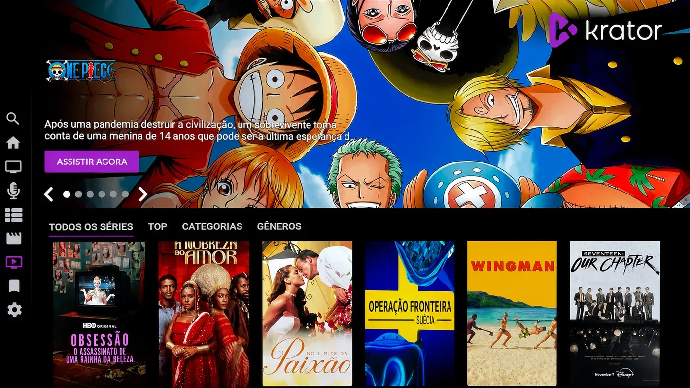 App Krator+ de IPTV na TV: filmes, séries e canais ao vivo em 4K, com tecnologia Multirate anti-travamento