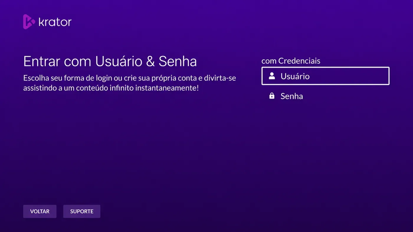 Tela de login do Krator+: entrar com usuário e senha