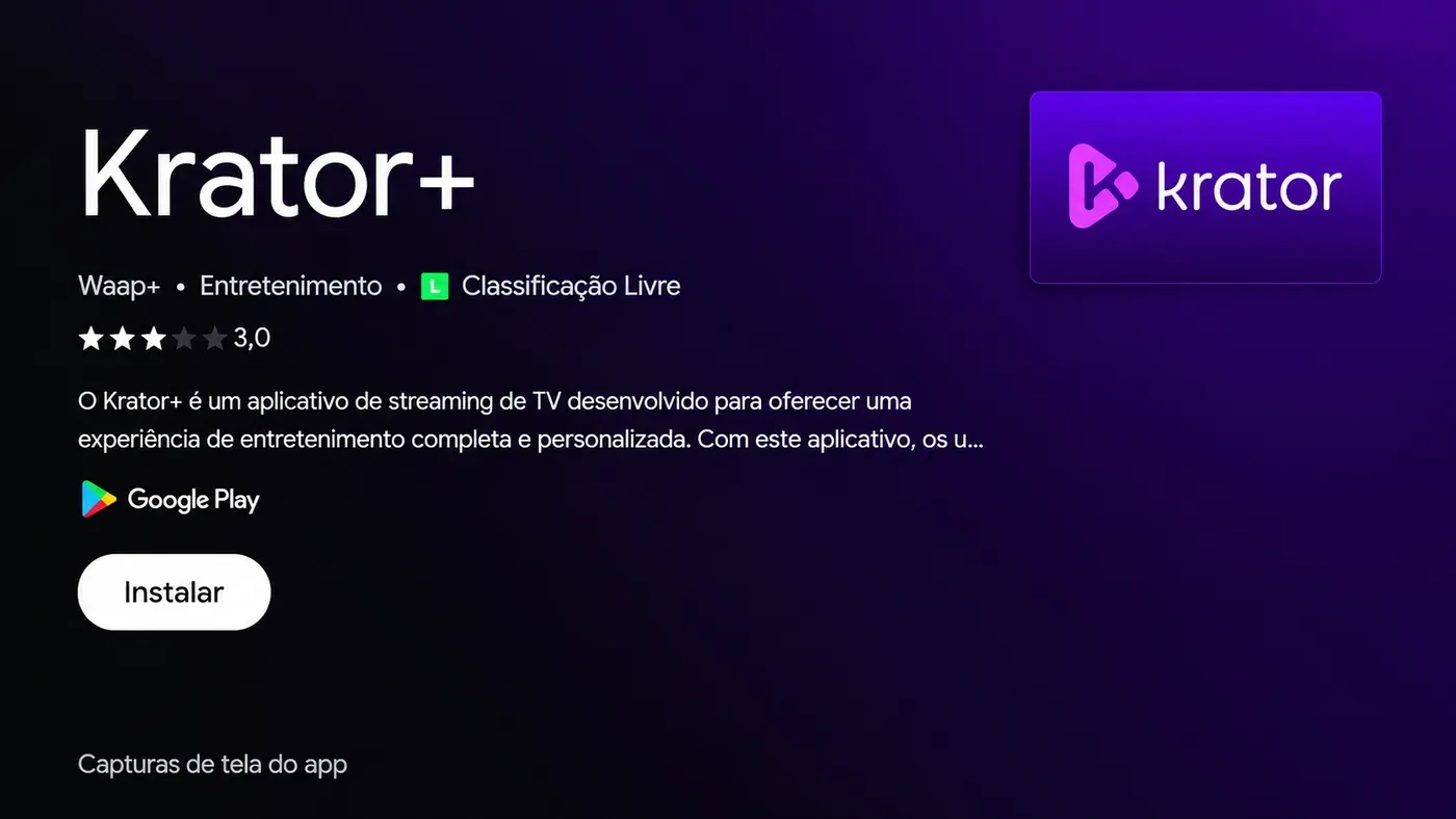 Krator+ na Google Play da TV, com botão Instalar