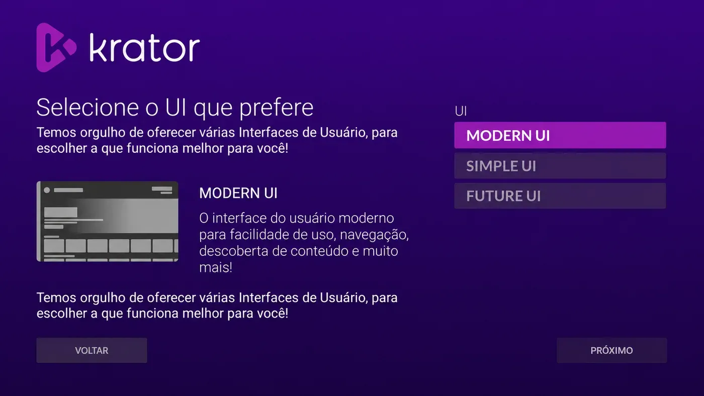 App Krator+ com a tela de escolha de interface (Modern UI)